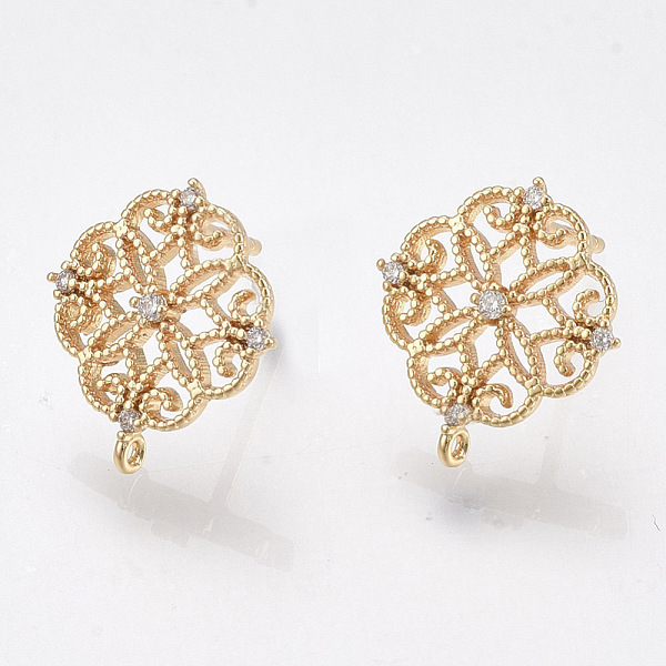

PandaHall Brass Stud Earring Findings, Cubic Zirconia and Loop, Nickel Free, Real 18K Gold Plated, Flower, Clear, 13x12mm, Hole: 0.8mm, Pin...