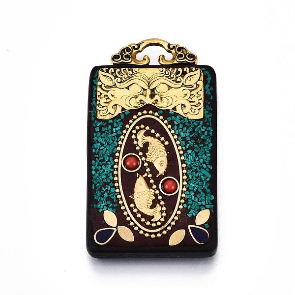 

PandaHall Handmade Indonesia Big Pendants, Wood Settings, with Brass Findings and Alloy Loop, Rectangle with Cyprinoid, Dark Turquoise..., Cyan