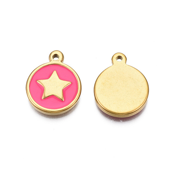 

PandaHall 304 Stainless Steel Enamel Pendants, Real 18K Gold Plated, Flat Round with Star, Deep Pink, 19x15x2.5mm, Hole: 1.6mm Stainless...