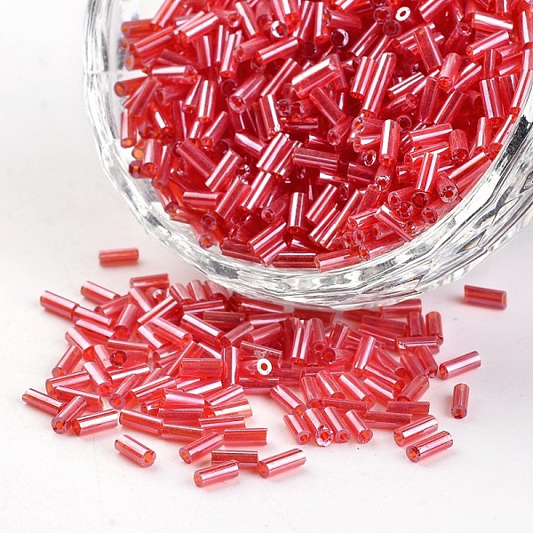 

PandaHall Transparent Colours Pearl Luster Plated Round Hole Glass Bugle Beads, FireBrick, 2~5x1.8~2mm, Hole: 0.8mm, about 12000pcs/450g..., Red
