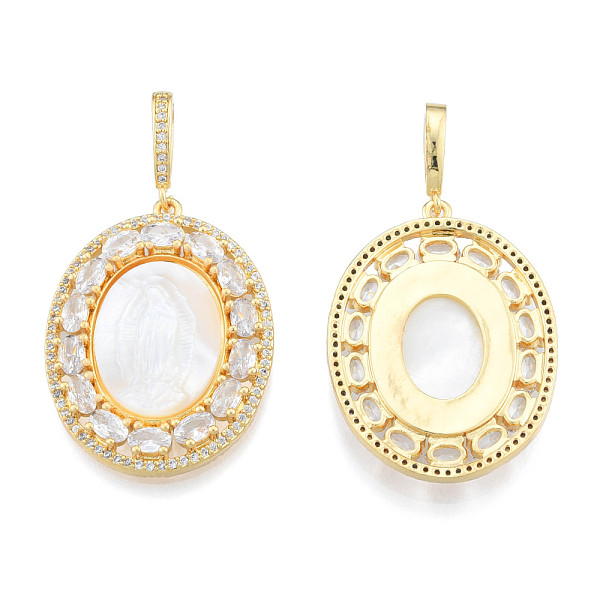 

PandaHall Brass Micro Pave Clear Cubic Zirconia Pendants, with Shell, Nickel Free, Real 18K Gold Plated, Oval with Saint, Creamy White...