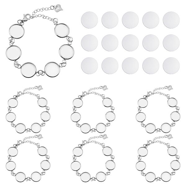 

PandaHall DICOSMETIC 8Pcs Adjustable Bezel Bracelet Chains Round Cabochon Bracelet Stainless Steel Bezel Tray Blank Bangle Base with 50Pcs..., Clear