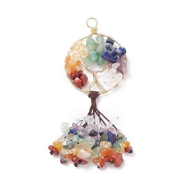 

PandaHall Natural Mixed Stone Chip Big Pendants, with Copper Wire Wrapped and Coconut Brown Braided Nylon Thread, Flat Round with Tree ...