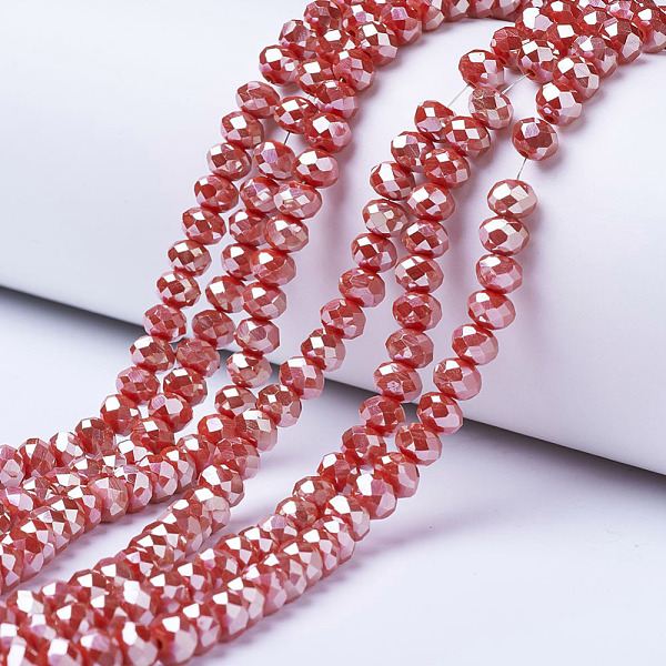 

PandaHall Electroplate Opaque Solid Color Glass Beads Strands, Platinum Plated, Faceted, Rondelle, FireBrick, 4x3mm, Hole: 0.4mm, about..., Red