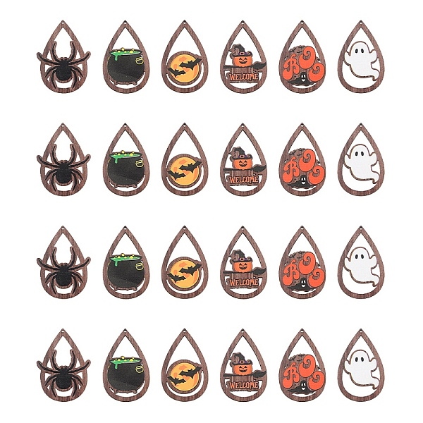 

PandaHall 24Pcs 6 Styles Halloween Theme Single Face Printed Aspen Wood Big Pendants, Teardrop Charm, Mixed Patterns, 54.5x34x2.5mm, Hole..., Multicolor