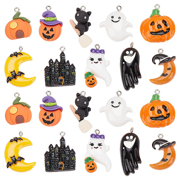 

PandaHall SUNNYCLUE 20Pcs 10 Styles Halloween Opaque Resin Pendants, with Platinum Tone Iron Loops, Ghost & Pumpkin & Castle, Mixed Shapes..., Multicolor