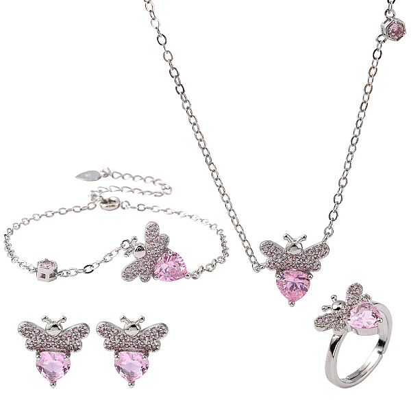 PandaHall Brass Jewelry Set, Bracelets & Earrings & Necklaces & Rings, and Cubic Zirconia, Bees, Pink, Platinum Brass Pink