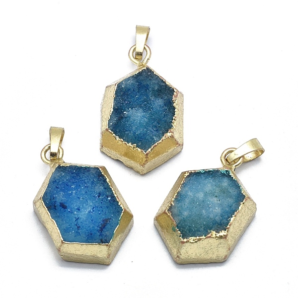 

PandaHall Natural Druzy Agate Pendants, Edge Golden Plated, with Golden Tone Brass Finding, Hexagon, Dyed & Heated, Steel Blue...