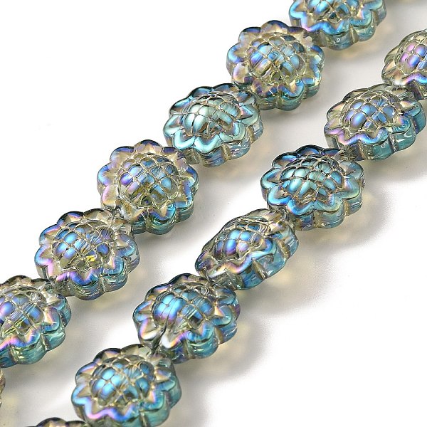 

PandaHall Transparent Electroplate Glass Beads Strands, Rainbow Plated, Sunflower, Aquamarine, 15x9mm, Hole: 1mm, about 44~45pcs/strand..., Green
