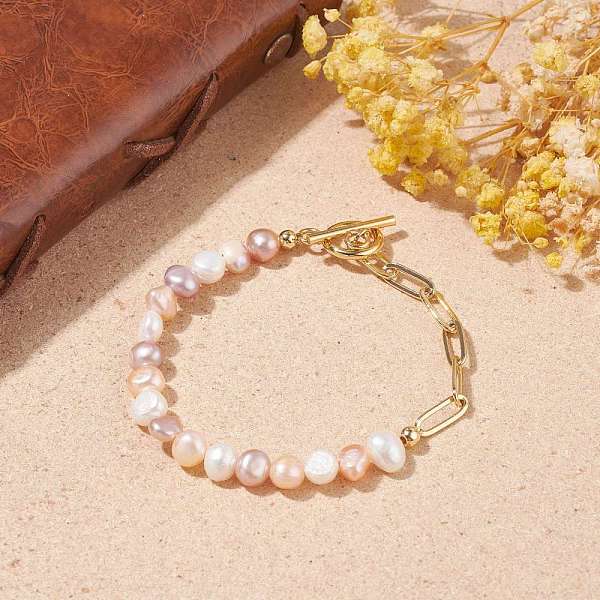 

PandaHall Natural Pearl Beaded Bracelet with Brass Paperclip Chains for Women, Golden, Colorful, 7-5/8 inch(19.5cm) Pearl