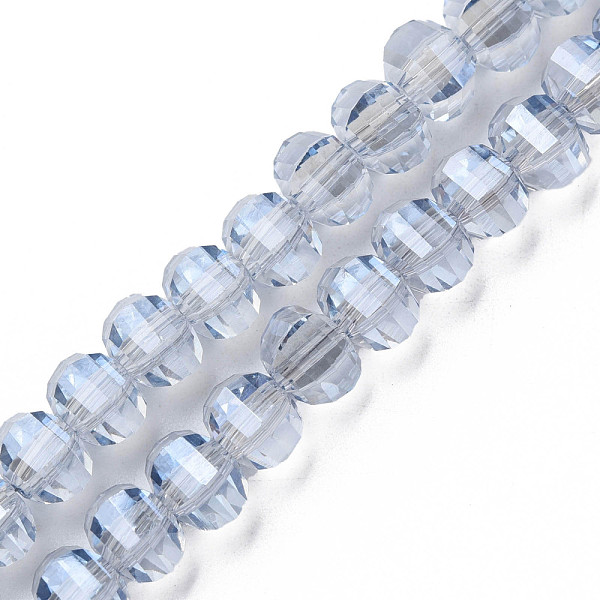 

PandaHall Electroplate Transparent Glass Beads Strands, Faceted, Round, Cornflower Blue, 10x8~9mm, Hole: 1.5mm, about 58~60pcs/strand, 19.69...