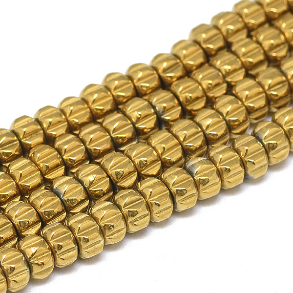 

PandaHall Electroplate Non-magnetic Synthetic Hematite Beads Strands, Flower, Golden Plated, 5x3mm, Hole: 2mm, about 133pcs/strand, 15.7...