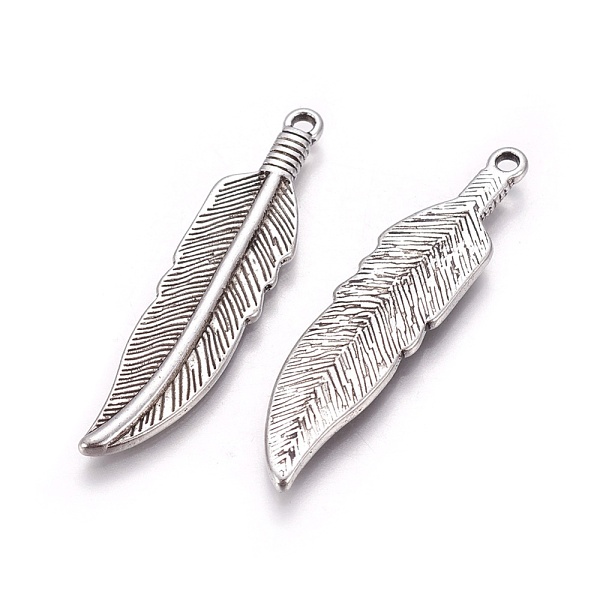 

PandaHall Tibetan Style Alloy Charms, Lead Free & Cadmium Free, Feather, Antique Silver, 42x10x2mm, Hole: 2mm Alloy Feather