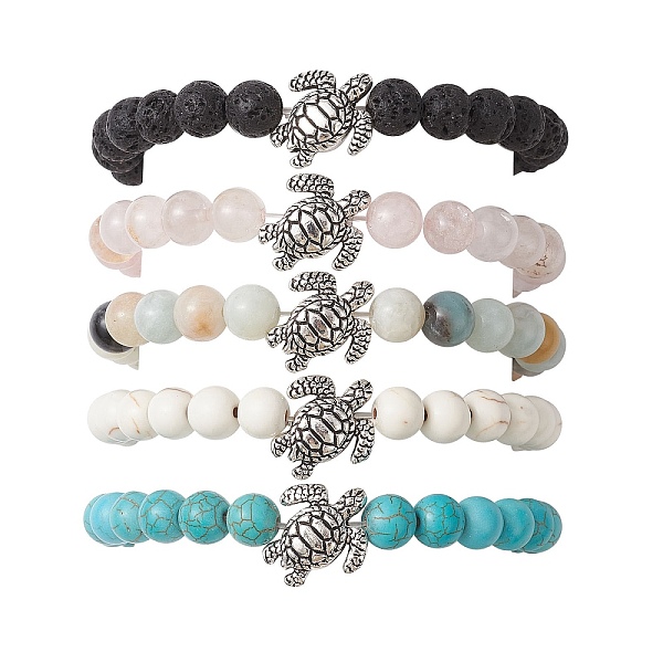 

PandaHall Natural & Synthetic Mixed Gemstone Stretch Bracelets for Women, with Tibetan Style Alloy Tortoise, Inner Diameter: 2 inch(5.15cm)...
