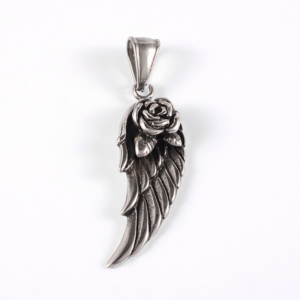 PandaHall 316 Surgical Stainless Steel Pendants, Wing with Rose, Antique Silver, 38x14x7mm, Hole: 8x4mm 316 Surgical Stainless Steel Wing