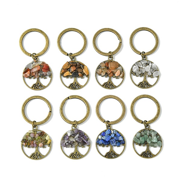 

PandaHall Tibetan Style Alloy & Natural Mixed Gemstone Chips Pendant Keychain, with Iron Split Rings, Flat Round with Tree of Life, Antique...