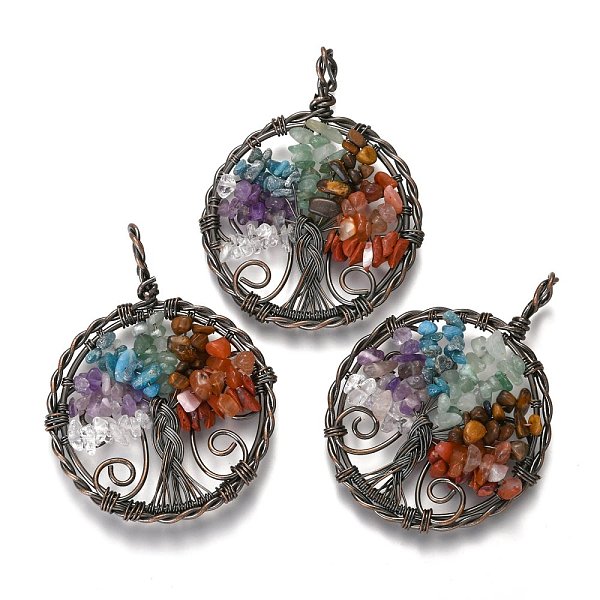 

PandaHall Natural Mixed Stone Pendants, with Red Copper Plated Brass Findings, Flat Round with Tree of Life, 64~67.5x50~51x6~7.5mm, Hole...