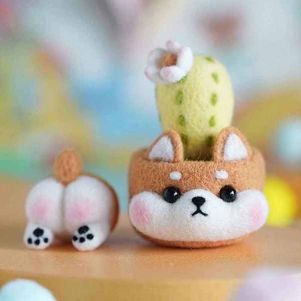 PandaHall Needle Felting Display Decoration & Keychain Kit with Instructions, Shiba Inu Shaped Succulents Felting Kits, Mixed Color Wool...