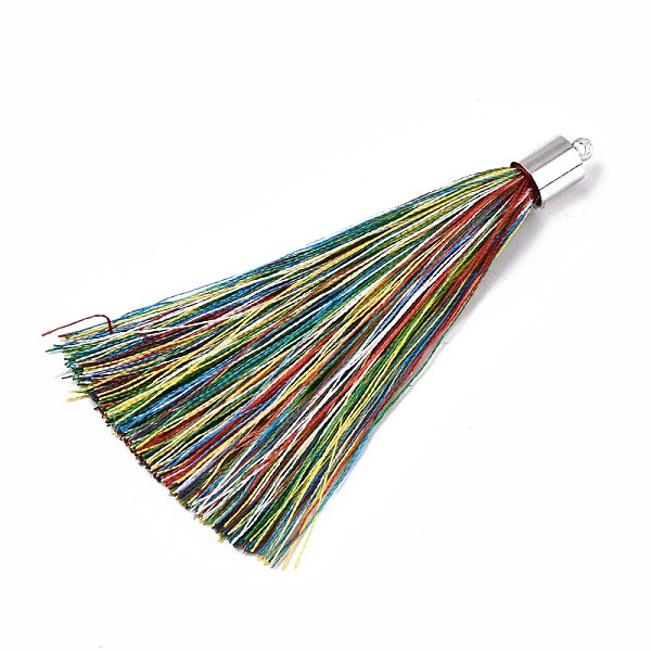 

PandaHall Fiber Tassel Big Pendant Decorations, with Platinum Plated Brass Finding, Colorful, 70~73x7~25mm, Hole: 1.8mm Fibre