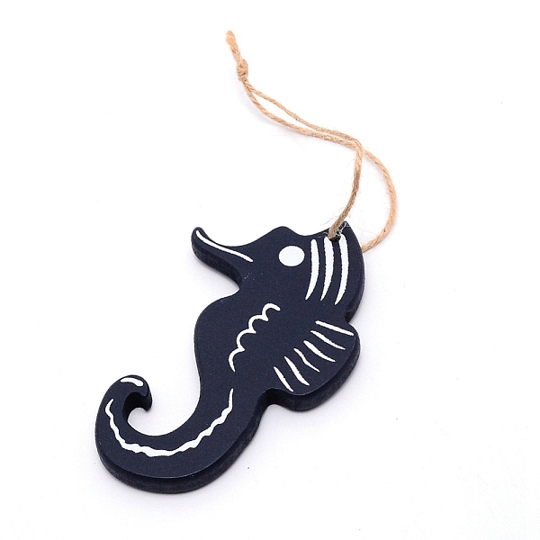 PandaHall MDF Board Pendant Ornaments, Wall Decor Door Hanging Decoration, with Hemp Rope, Sea Horse, Midnight Blue, 21.5cm Fibre Sea Horse