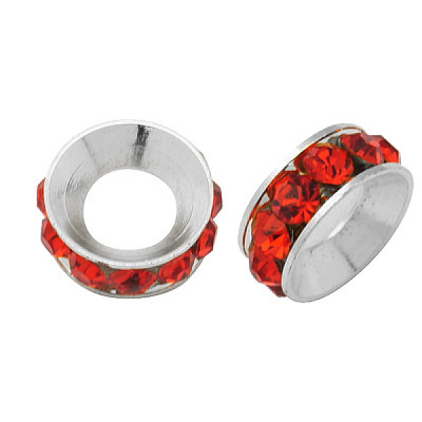 

PandaHall Brass Rhinestone Spacer Beads, Grade A, Rondelle, Silver Color Plated, Light Siam, 9x4mm Brass+Rhinestone Rondelle Red