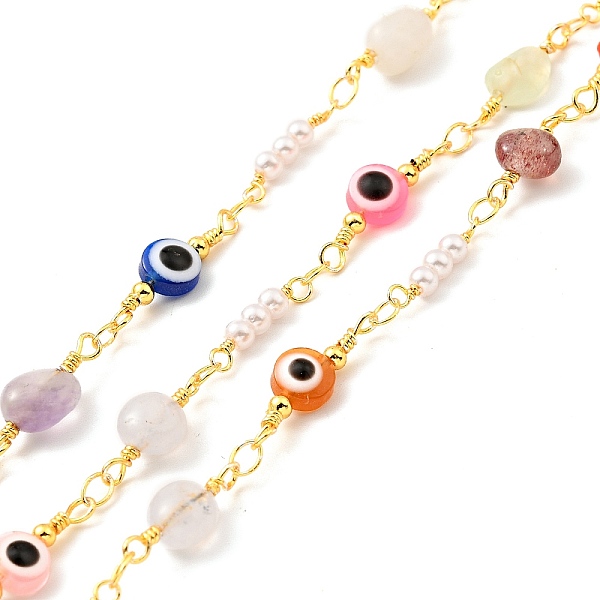 

PandaHall Natural Mixed Gemstone Nuggets & Colorful Glass Evil Eye Beaded Chain, with Brass Findings, Soldered, with Spool, Lead Free &...