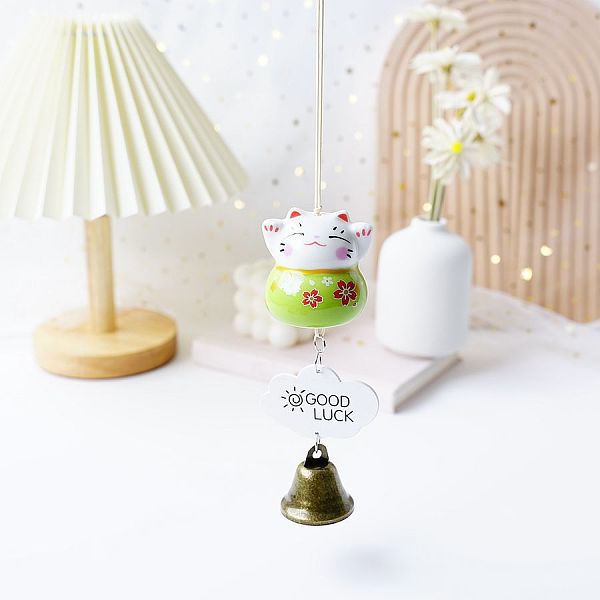 

PandaHall Porcelain Maneki Neko Hanging Wind Chimes Decor, Feng Shui Lucky Cat for Car Interiors Bell Hanging Ornaments, Yellow Green, 280mm...