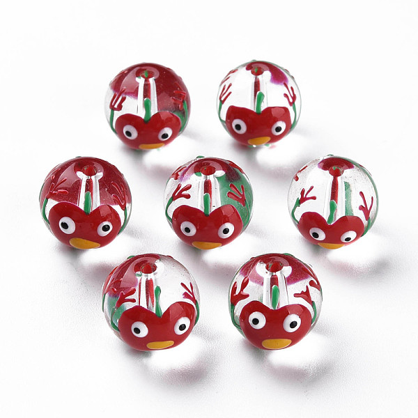 

PandaHall Transparent Glass Enamel Beads, Round with Cherry, Dark Red, 13.5~14x12~12.5x11.5mm, Hole: 1.6~2mm Glass Round