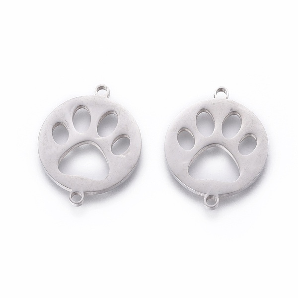 PandaHall 201 Stainless Steel Pet Links, Manual Polishing, Flat Round with Dog Footprint, Stainless Steel Color, 20x16x1.5mm, Hole: 1.5mm...