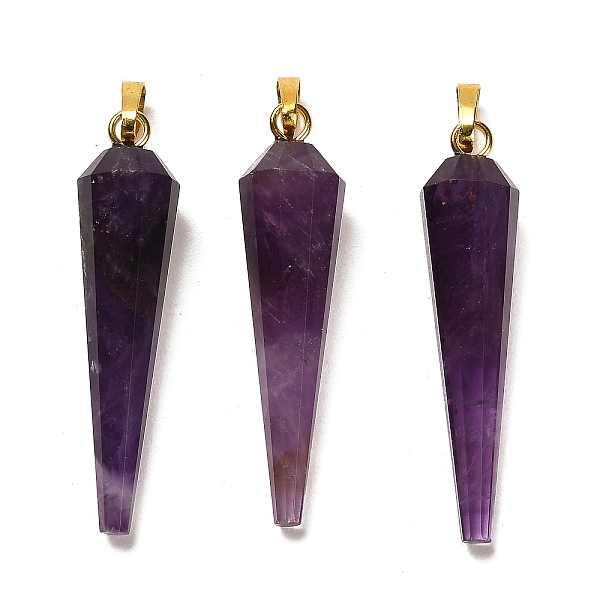 

PandaHall Natural Amethyst Pointed Pendants, Faceted Cone Charms with Golden Plated Barss Snap on Bails, 35~35.5x8~8.5mm, Hole: 6.5x4mm...