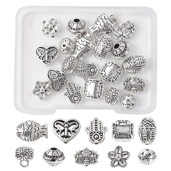 PandaHall DIY Jewelry Making Finding Kit, Including 20Pcs 10 Style Bicone & Lotus & Fish & Butterfly & Hamsa Hand Alloy Beads & European...