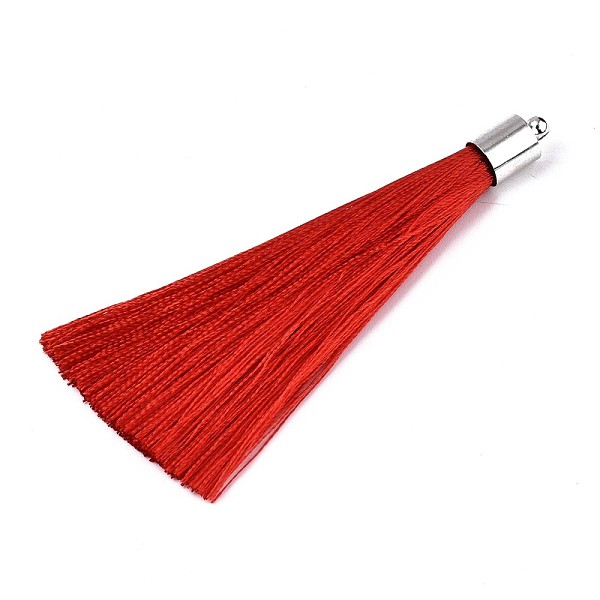 

PandaHall Fiber Tassel Big Pendant Decorations, with Platinum Plated Brass Finding, Red, 70~73x7~25mm, Hole: 1.8mm Fibre Red