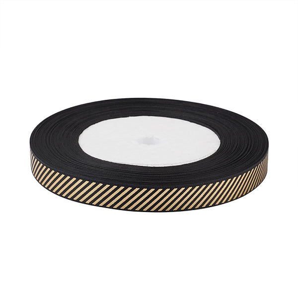 

PandaHall Polyester Satin Ribbon, with Single Face Golden Hot Stamping, Stripe Pattern, Black, 10mm, 22.5m/roll Polyester Black