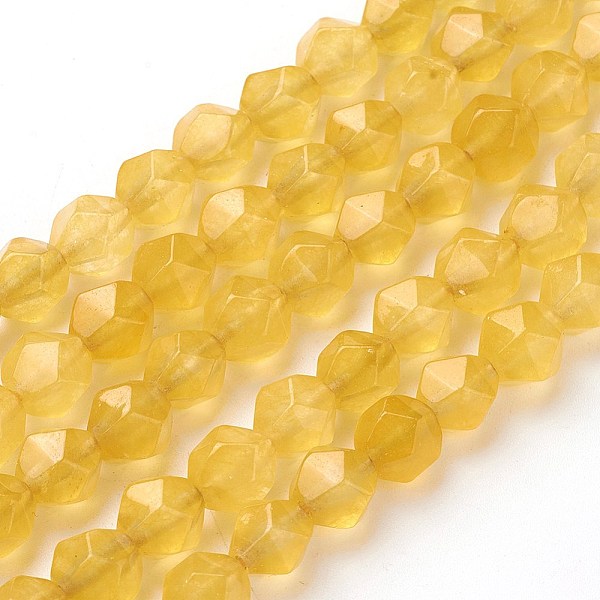 

PandaHall Natural White Jade Beads Strands, Star Cut Round Beads, Dyed, Faceted, Gold, 7~8mm, Hole: 1mm, about 47~48pcs/strand, 14.5 inch~15...