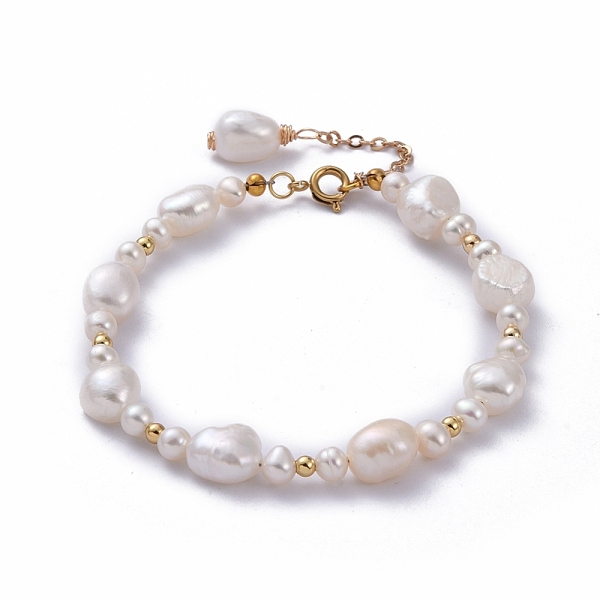 

PandaHall Natural Baroque Pearl Keshi Pearl Beaded Bracelets, with Brass Round Beads and 304 Stainless Steel Spring Ring Clasps, White...