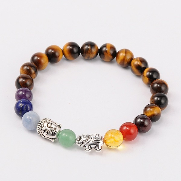

PandaHall Stretch Buddhist Jewelry Multi-Color Gemstone Chakra Bracelets, with Tibetan Style Beads, Antique Silver, Tiger Eye, 55mm Tiger..., Brown