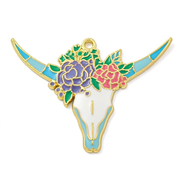

PandaHall Alloy Enamel Pendants, Golden, Cattle Head with Flower Charm, Sky Blue, 34x45.5x2.5mm, Hole: 2mm, 10pcs/set Alloy+Enamel Cattle