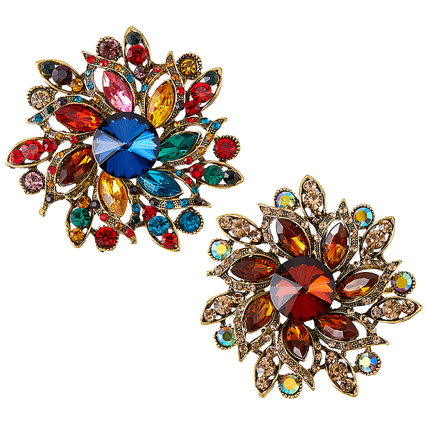 

PandaHall HOBBIESAY 2Pcs 2 Colors Rhinestone Flower Brooch Pin, Antique Golden Alloy Badge for Women, Mixed Color, 68x12mm, 1pc/color..., Multicolor