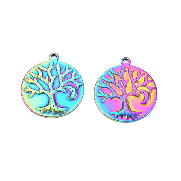 

PandaHall Ion Plating(IP) 201 Stainless Steel Pendants, Flat Round with Tree, Rainbow Color, 29x25.5x2mm, Hole: 2mm 201 Stainless Steel Flat...