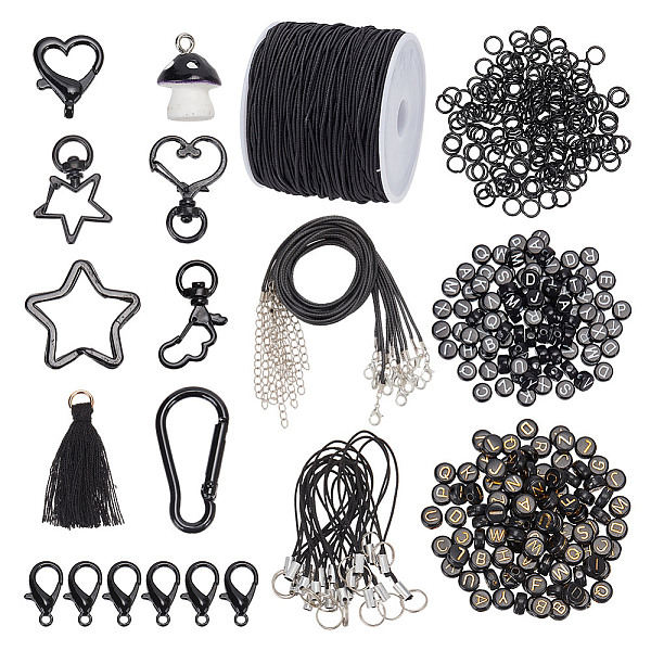 

PandaHall arricraft 488 Pcs Keychain Necklace Making Kit, Including Mushroom Pendants Charms Letter Beads Rock Carabiners Swivel Lobster..., Black