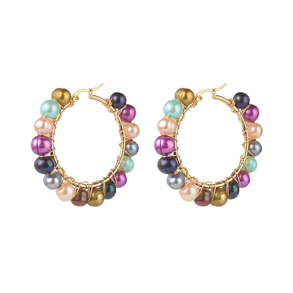 

PandaHall Natural Pearl Beads Hoop Earrings with 304 Stainless Steel Pin, Ring, Colorful, 50x51x5.5mm, Pin: 0.7mm Pearl Ring