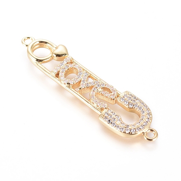 

PandaHall Brass Micro Pave Cubic Zirconia Links connectors, Safety Pin Shape with Word Love, For Valentine's Day, Clear, Golden, 41x10x3mm...