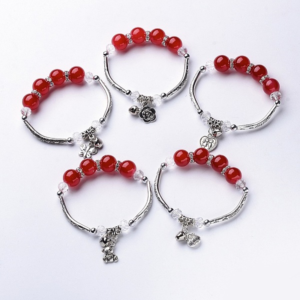 

PandaHall Alloy Charm Bracelets, with Alloy Tube Beads, Resin Beads and Rhinestone Spacer Beads, Antique Silver, Red, 2-1/4 inch(57mm) Resin...