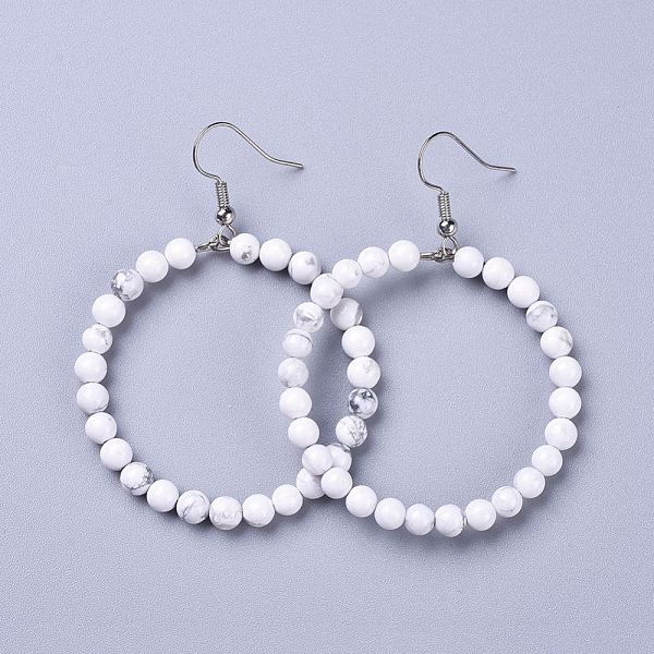

PandaHall Natural Howlite Dangle Earrings, with Stainless Steel Hook, Ring, 60~61x44mm, Pin: 0.6mm Howlite