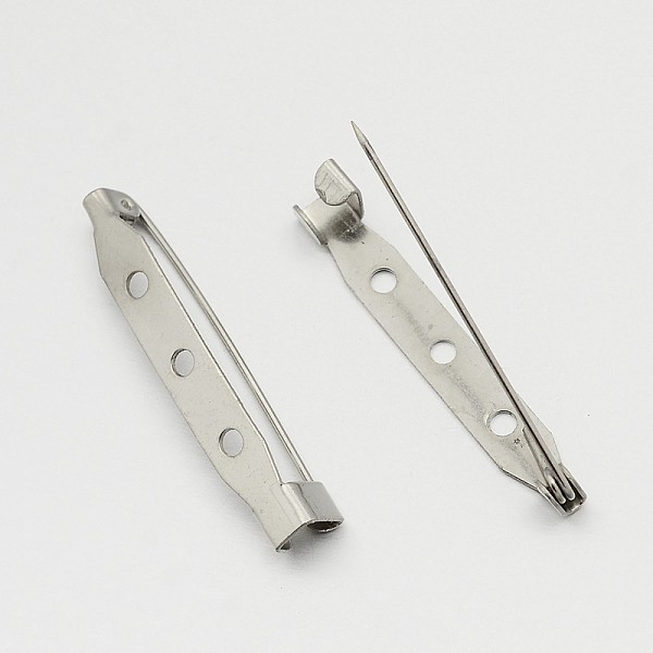 

PandaHall Iron Brooch Pin Back Safety Catch Bar Pins with 3-Hole, Platinum, 38x6x6mm, Hole: 2mm, Pin: 0.8mm Iron