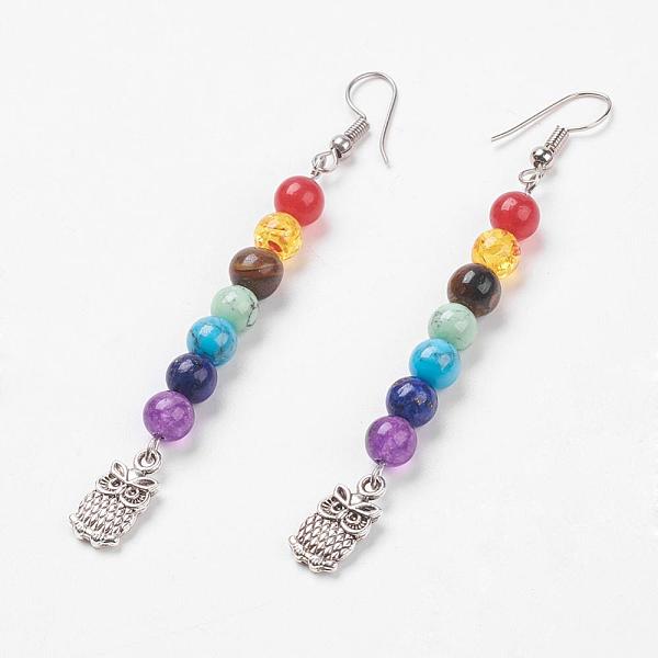

PandaHall Gemstone Chakra Dangle Earrings, with Brass Earring Hooks and Alloy Pendants, Owl, 84mm, Pendant: 15x7x2mm, Pin: 0.6mm Mixed Stone