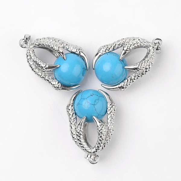 

PandaHall Eagle Claw Alloy Synthetic Turquoise Pendants, Platinum, 34~36x22~24x16mm, Hole: 5x8mm Synthetic Turquoise Others