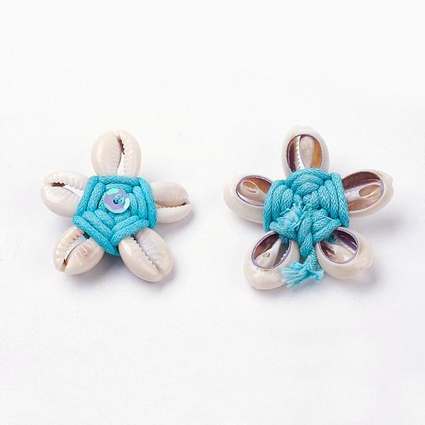 

PandaHall Natural Shell Beads, with Waxed Cord, Flower, Deep Sky Blue, 43~45x9~11mm, Hole: 11~13x1~2mm Freshwater Shell Flower Blue