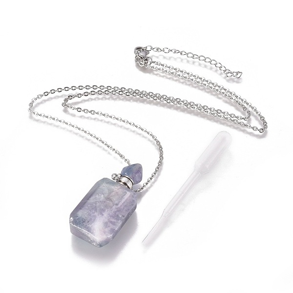 PandaHall Natural Fluorite Openable Perfume Bottle Pendant Necklaces, with Stainless Steel Cable Chain and Plastic Dropper, Bottle, Platinum...