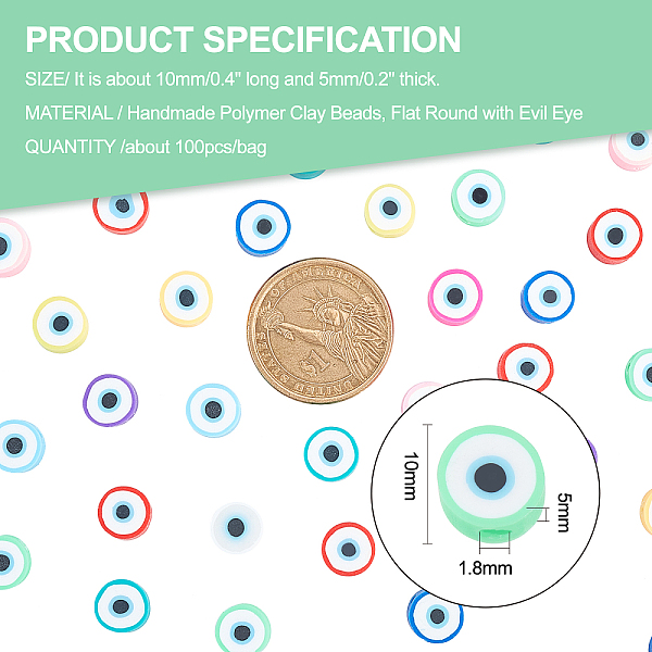 

PandaHall Handmade Polymer Clay Beads, Flat Round with Evil Eye, Mixed Color, 10x5mm, Hole: 1.8mm, about 100pcs/bag Polymer Clay Evil Eye..., Multicolor